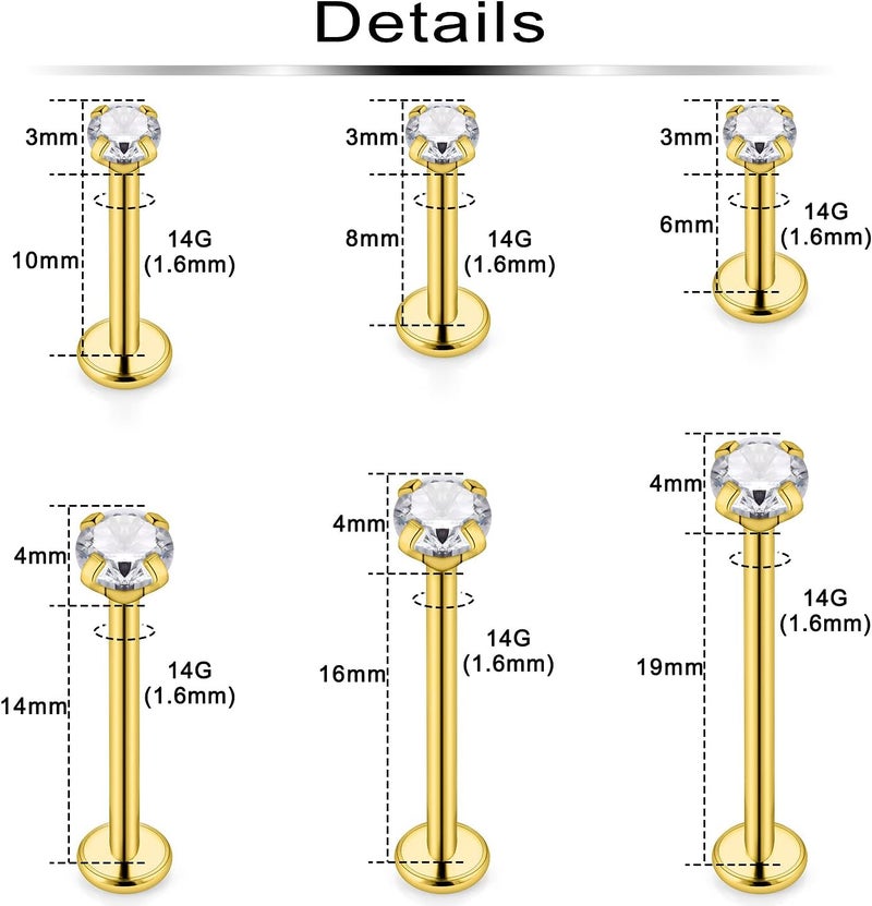 Ftovosyo 12Pcs 14G 16G Different Sizes Flat Back Stud Stainless Steel Labret Ashley Medusa Monroe Dimple Cheek Lip Rings Studs Piercing Jewelry for Women Men Bar Length 6mm-19mm - Image 2